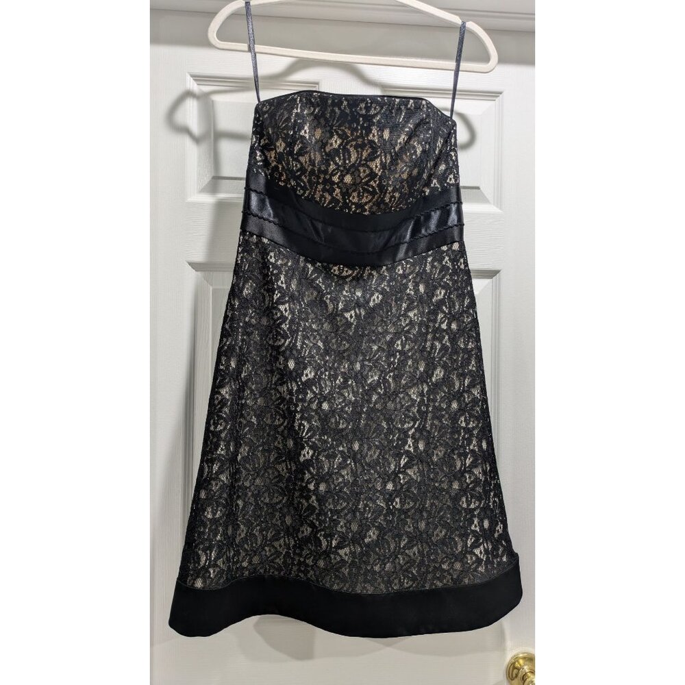 White House Black Market Women Strapless Dress 8 Lace Satin Black NYE Prom, Goth